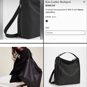 AllSaints Kita Large Black Leather Backpack Whipstich Straps Detachable Pouch